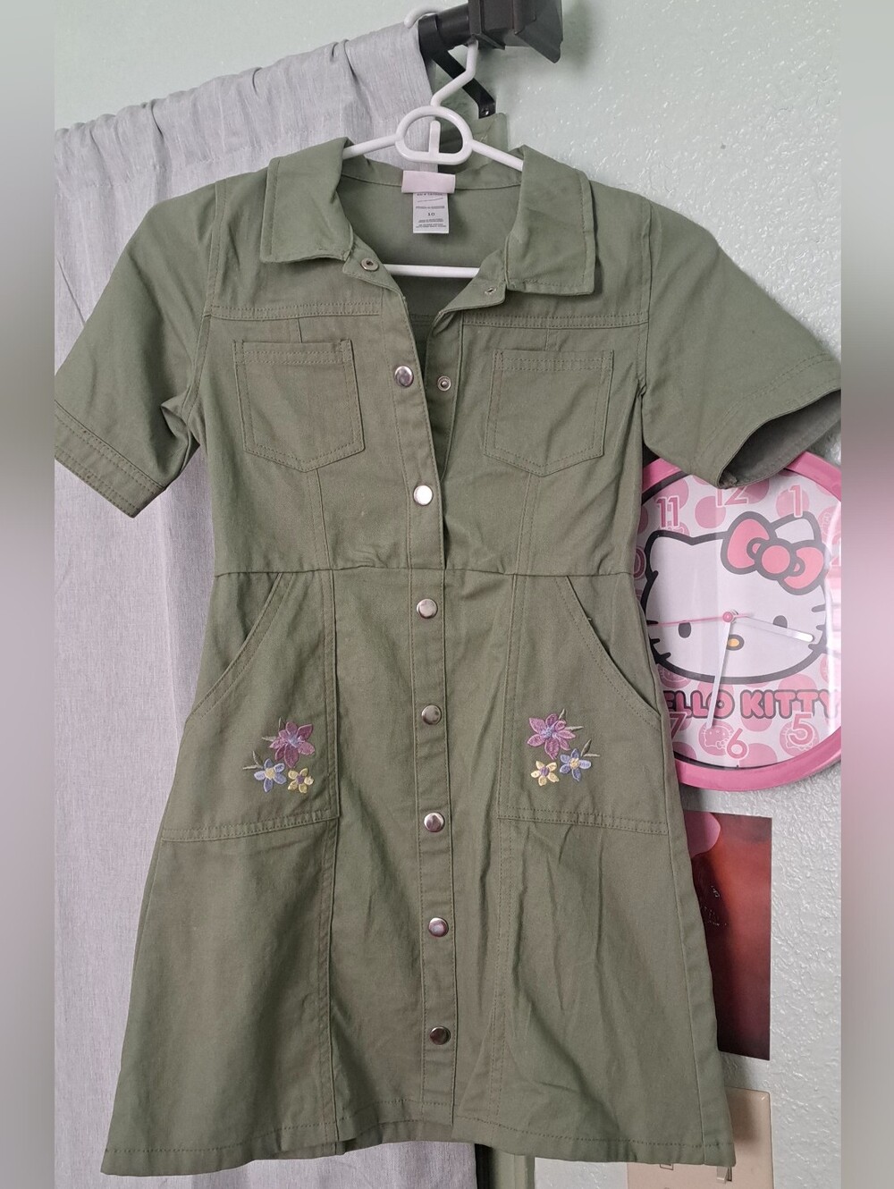 Olive Green Embroidered Button-Front Kids Dress